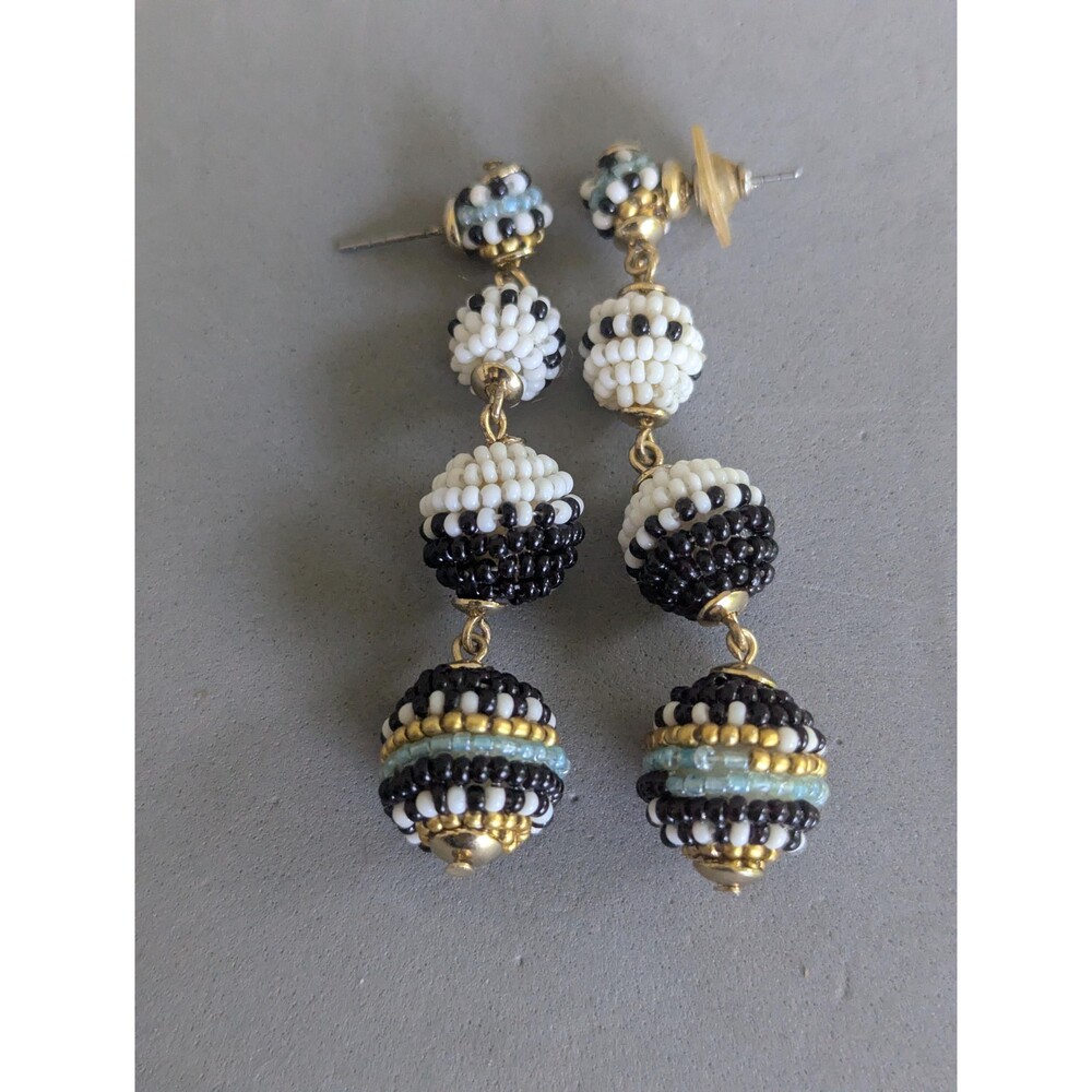 Vintage Black White Gold Seed Bead Dangle Earrings Statement Jewelry